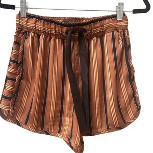 Luxury Satin Shorts Black, Brown And Gold Striped Drawstring Shorts XS
